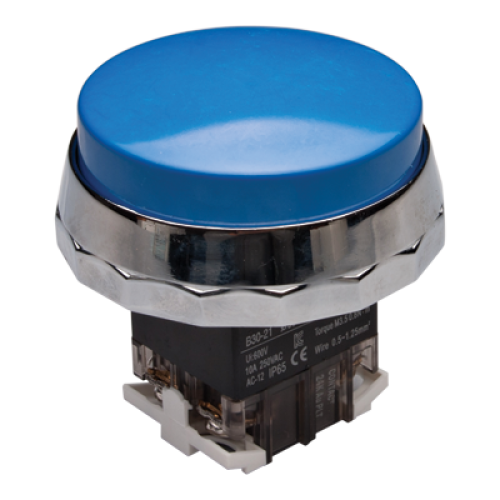 30mm Momentary Push button, 65mm Extended head, IP65, 1NO 1NC, Blue