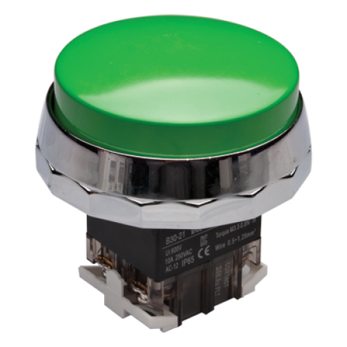 30mm Momentary Push button, 65mm Extended head, IP65, 1NO 1NC, Green