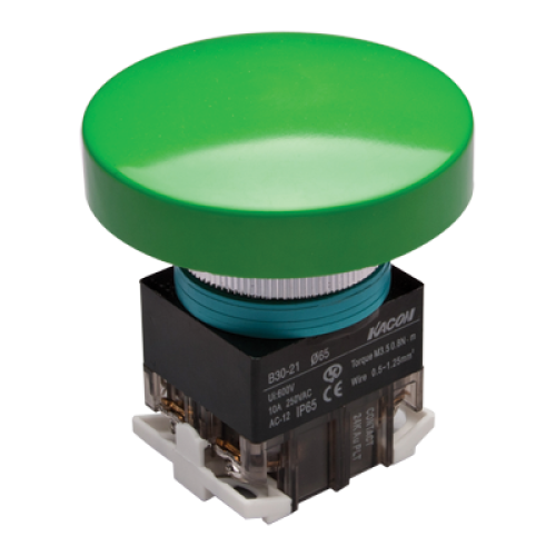 30mm Momentary Push button, 65mm Mushroom head, IP63, 1NO 1NC, Green