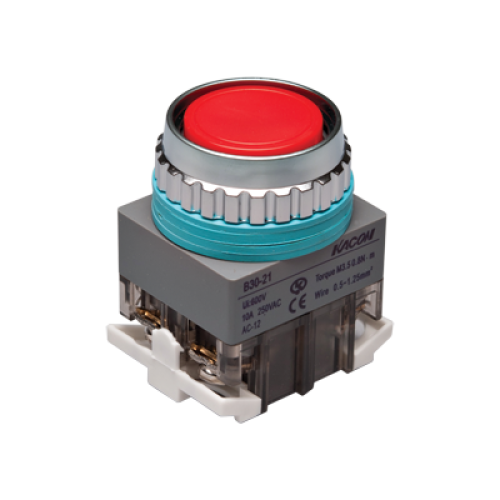 30mm Momentary Push button, Round head, IP63, 1NO 1NC, Red