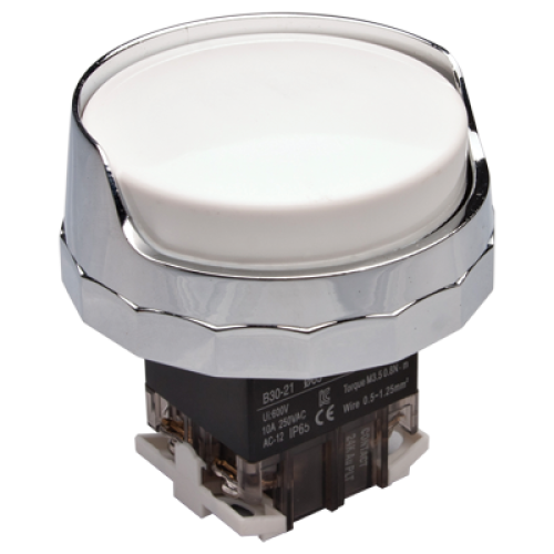 30mm Momentary, Push button, 65mm Half guard head, IP65, 1NO 1NC, White