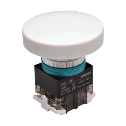 30mm Momentary Push button, 65mm Mushroom head, IP65, 1NO 1NC, White