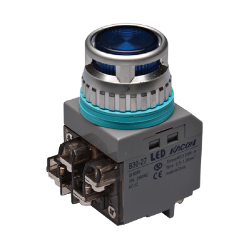 30mm LED Illuminated Momentary Push button, Round head, IP63, 1NO 1NC, Blue, 110VAC