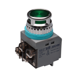 30mm LED Illuminated Momentary Push button, Round head, IP63, 1NO 1NC, Green, 110VAC