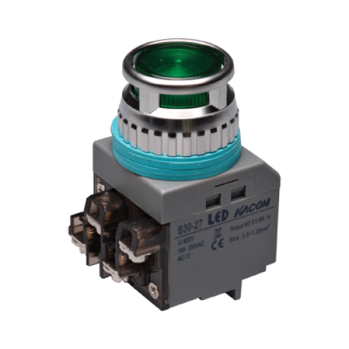 30mm LED Illuminated Momentary Push button, Round head, IP63, 1NO 1NC, Green, 24VDC