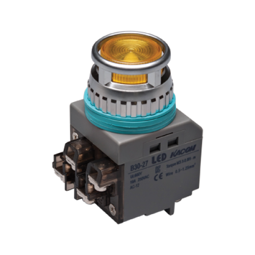 30mm LED Illuminated Momentary Push button, Round head, IP63, 1NO 1NC, Yellow, 220VAC