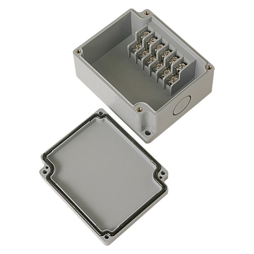 Terminal box, 6pins stair type, 2 x 21mm Knockouts, ABS material, Grayish Blue Color, 2.95 x 3.58 x 1.69" size, IP67 [Old# BC-AB-6PT, BC-AGB-6PT]