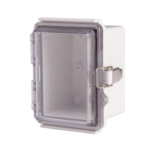 Plastic Enclosure, ABS gray body & PC clear cover, P type for molded hinge & stainless steel latch, W3.54 x L4.72 x D3.35" size, IP67