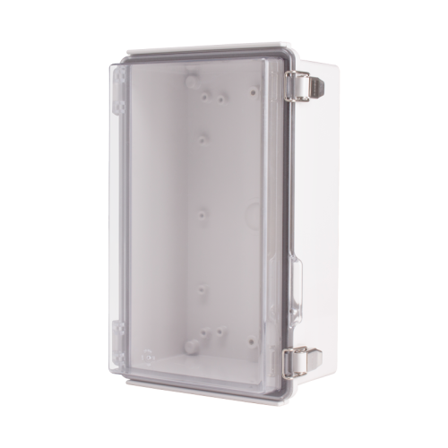 Plastic Enclosure, ABS gray body & PC clear cover, P type for molded hinge & stainless steel latch, W6.69 x L10.63 x D4.33" size, IP67