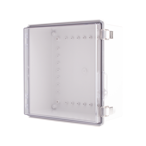 Plastic Enclosure, ABS gray body & PC clear cover, P type for molded hinge & stainless steel latch, W11.81 x L11.81 x D5.91" size, IP67