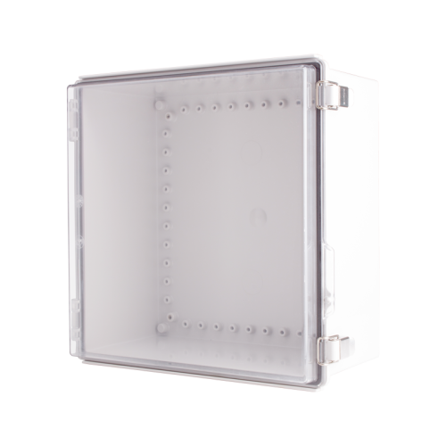 Plastic Enclosure, ABS gray body & PC clear cover, P type for molded hinge & stainless steel latch, W 13.78x L13.78 x D 7.09" size, IP67