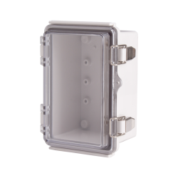 Plastic Enclosure, PC gray body & PC clear cover, P type for molded hinge & stainless steel latch, W3.94 x L5.91 x D3.35" size, IP67 (UL) Plastic Enclosure, PC gray body & PC clear cover, P type for molded hinge & stainless steel latch, W3.94 x L5.91 x D3.35" size, IP67 (UL)