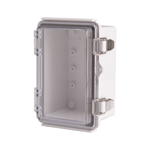 Plastic Enclosure, PC gray body & PC clear cover, P type for molded hinge & stainless steel latch, W3.94 x L5.91 x D3.35" size, IP67 (UL)