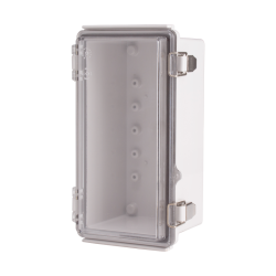 Plastic Enclosure, PC gray body & PC clear cover, P type for molded hinge & stainless steel latch, W4.33 x L8.27 x D3.94" size, IP67 (UL) Plastic Enclosure, PC gray body & PC clear cover, P type for molded hinge & stainless steel latch, W4.33 x L8.27 x D3.94" size, IP67 (UL)