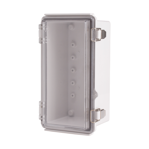 Plastic Enclosure, PC gray body & PC clear cover, P type for molded hinge & stainless steel latch, W4.33 x L8.27 x D3.94" size, IP67 (UL)