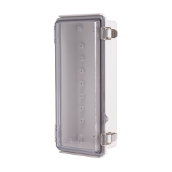 Plastic Enclosure, PC gray body & PC clear cover, P type for molded hinge & stainless steel latch, W4.33 x L10.24 x D2.95" size, IP67 (UL) Plastic Enclosure, PC gray body & PC clear cover, P type for molded hinge & stainless steel latch, W4.33 x L10.24 x D2.95" size, IP67 (UL)