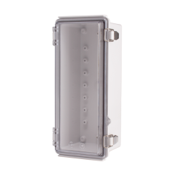 Plastic Enclosure, PC gray body & PC clear cover, P type for molded hinge & stainless steel latch, W4.33 x L10.24 x D3.94" size, IP67 (UL) Plastic Enclosure, PC gray body & PC clear cover, P type for molded hinge & stainless steel latch, W4.33 x L10.24 x D3.94" size, IP67 (UL)