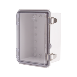 Plastic Enclosure, PC gray body & PC clear cover, P type for molded hinge & stainless steel latch, W5.12 x L7.09 x D3.94" size, IP67 (UL) Plastic Enclosure, PC gray body & PC clear cover, P type for molded hinge & stainless steel latch, W5.12 x L7.09 x D3.94" size, IP67 (UL)