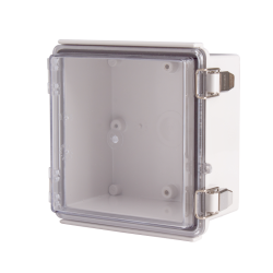 Plastic Enclosure, PC gray body & PC clear cover, P type for molded hinge & stainless steel latch, W5.91 x L5.91 x D3.54' size, IP67 (UL) Plastic Enclosure, PC gray body & PC clear cover, P type for molded hinge & stainless steel latch, W5.91 x L5.91 x D3.54' size, IP67 (UL)