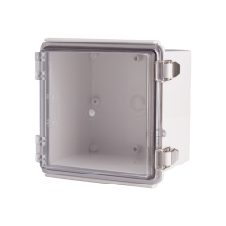 Plastic Enclosure, PC gray body & PC clear cover, P type for molded hinge & stainless steel latch, W5.91 x L5.91 x D4.72" size, IP67 (UL) Plastic Enclosure, PC gray body & PC clear cover, P type for molded hinge & stainless steel latch, W5.91 x L5.91 x D4.72" size, IP67 (UL)