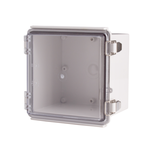 Plastic Enclosure, PC gray body & PC clear cover, P type for molded hinge & stainless steel latch, W5.91 x L5.91 x D4.72" size, IP67 (UL) Plastic Enclosure, PC gray body & PC clear cover, P type for molded hinge & stainless steel latch, W5.91 x L5.91 x D4.72" size, IP67 (UL)