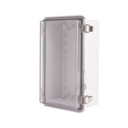 Plastic Enclosure, PC gray body & PC clear cover, P type for molded hinge & stainless steel latch, W6.30 x L10.24 x D3.94" size, IP67 (UL) Plastic Enclosure, PC gray body & PC clear cover, P type for molded hinge & stainless steel latch, W6.30 x L10.24 x D3.94" size, IP67 (UL)