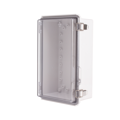 Plastic Enclosure, PC gray body & PC clear cover, P type for molded hinge & stainless steel latch, W6.30 x L10.24 x D3.94" size, IP67 (UL)