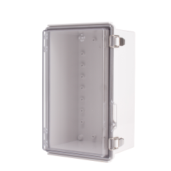 Plastic Enclosure, PC gray body & PC clear cover, P type for molded hinge & stainless steel latch, W6.30 x L10.24 x D5.12" size, IP67 (UL) Plastic Enclosure, PC gray body & PC clear cover, P type for molded hinge & stainless steel latch, W6.30 x L10.24 x D5.12" size, IP67 (UL)