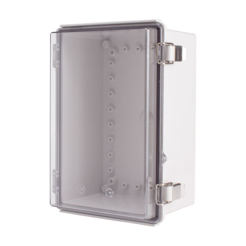 Plastic Enclosure, PC gray body & PC clear cover, P type for molded hinge & stainless steel latch, W7.48 x L11.02 x D5.51" size, IP67 (UL)