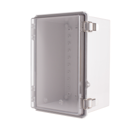 Plastic Enclosure, PC gray body & PC clear cover, P type for molded hinge & stainless steel latch, W7.87 x L11.81 x D7.09 size, IP67 (UL)