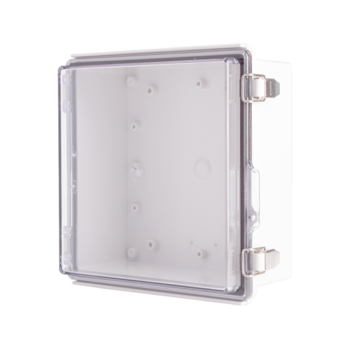 Plastic Enclosure, PC gray body & PC clear cover, P type for molded hinge & stainless steel latch, W8.27 x L8.27 x D3.94' size, IP67 (UL)