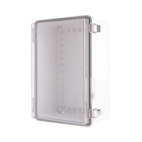 Plastic Enclosure, PC gray body & PC clear cover, P type for molded hinge & stainless steel latch, W9.84 x L13.78 x D5.91" size, IP67 (UL)