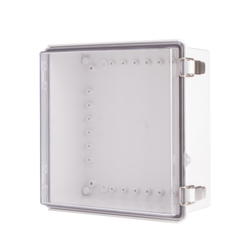 Plastic Enclosure, PC gray body & PC clear cover, P type for molded hinge & stainless steel latch, W11.02 x L11.02 x D5.12' size, IP67 (UL)
