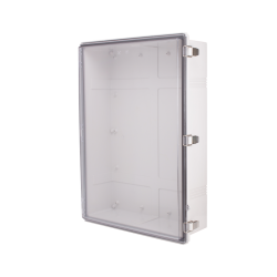 Plastic Enclosure, PC gray body & PC clear cover, P type for molded hinge & stainless steel latch, W20.87 x L28.74 x D7.28" size, IP67 (UL) Plastic Enclosure, PC gray body & PC clear cover, P type for molded hinge & stainless steel latch, W20.87 x L28.74 x D7.28" size, IP67 (UL)
