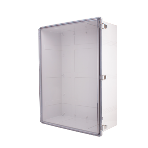 Plastic Enclosure, PC gray body & PC clear cover, P type for molded hinge & stainless steel latch, W24.80 x L32.68 x D11.22" size, IP67 (UL) Plastic Enclosure, PC gray body & PC clear cover, P type for molded hinge & stainless steel latch, W24.80 x L32.68 x D11.22" size, IP67 (UL)