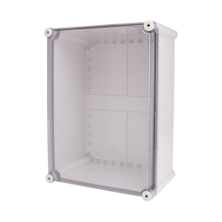 Plastic Enclosure, PC gray body & PC clear cover, S type for Lift-off screw cover, W11.02 x L14.96 x D7.09" size, IP67 (UL) Plastic Enclosure, PC gray body & PC clear cover, S type for Lift-off screw cover, W11.02 x L14.96 x D7.09" size, IP67 (UL)