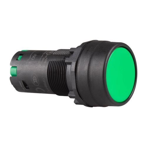 22mm Maintained pushbutton switch, Unibody, IP66 flush head, Push in wiring, 2NO, Green