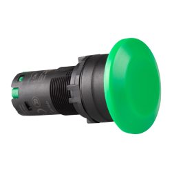 22mm momentary pushbutton switch, Unibody, IP66 Mushroom head, Push in wiring, 1NO, Green