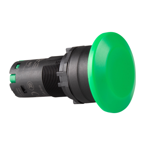 22mm momentary pushbutton switch, Unibody, IP66 Mushroom head, Push in wiring, 1NO, Green