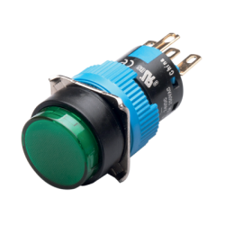 Momentary Push button, 16mm Panel hole, IP65, Round head, DPDT, Green