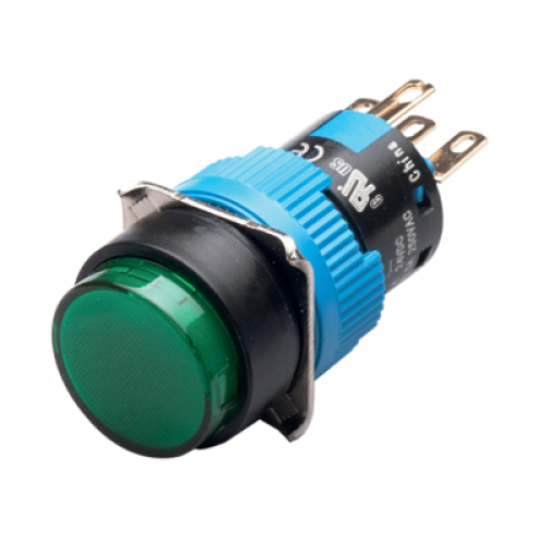 Momentary Push button, 16mm Panel hole, IP65, Round head, DPDT, Green