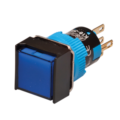 LED Illuminated Momentary Push button, 16mm Panel hole, IP65, Square head, SPDT, Blue, 24VDC