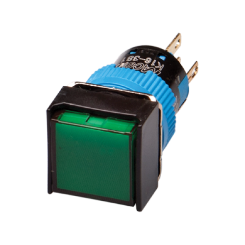 LED Illuminated Momentary Push button, 16mm Panel hole, IP65, Square head, SPDT, Green, 24VDC
