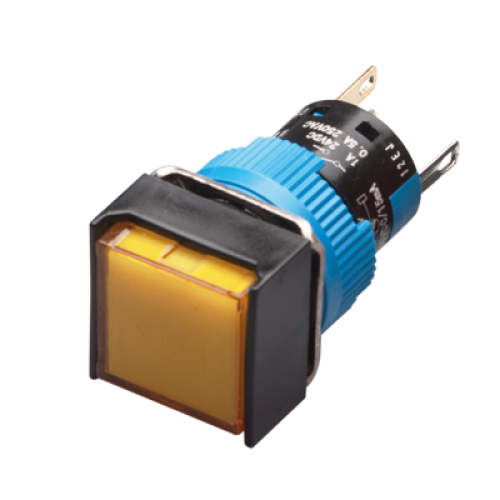 LED Illuminated Momentary Push button, 16mm Panel hole, IP65, Square head, SPDT, Yellow, 12VDC