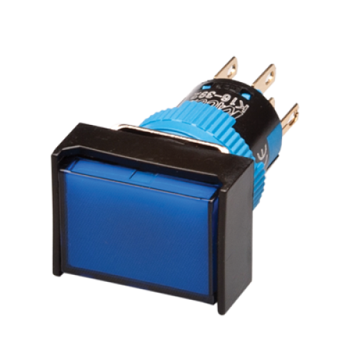 Momentary Push button, 16mm Panel hole, IP65, Rectangular head, SPDT, Blue