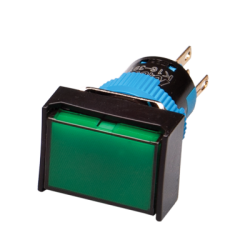 Maintained Push button, 16mm Panel hole, IP65, Rectangular head, DPDT, Green