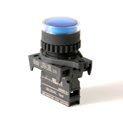 LED Pilot Lamp, 22/25mm Panel hole, Flush head,  110/220VAC/DC, Blue