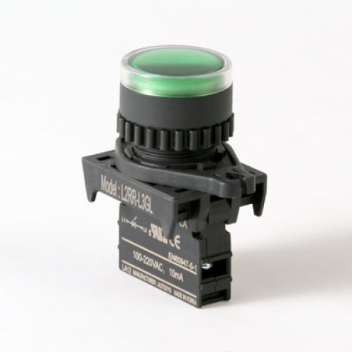 LED Pilot Lamp, 22/25mm Panel hole, Flush head,  110/220VAC/DC, Green