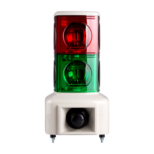 Rotating tower light, 140mm red/green color 2 stack, 100dB & 3 audible alarms, Stud mount, Terminal connector, 24V DC