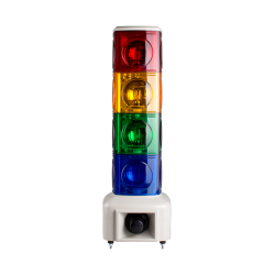 Rotating tower light, 140mm red/yellow/green/blue color 4 stack, 100dB & 3 audible alarms, Stud mount, Terminal connector, 24V DC Rotating tower light, 140mm red/yellow/green/blue color 4 stack, 100dB & 3 audible alarms, Stud mount, Terminal connector, 24V DC